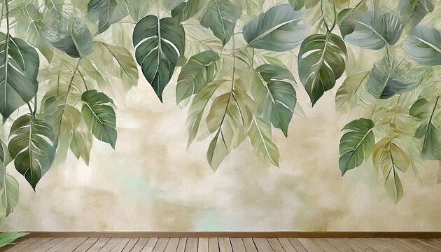 topical leaves hanging from the top large leaves art drawing on a texture background photo wallpaper in the room
