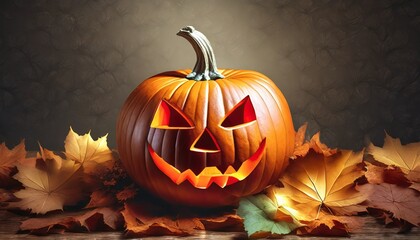 Naklejka na ściany i meble festive scary halloween pumpkin on leaves on dark background