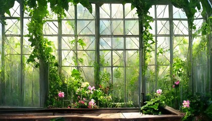 greenhouse with lianas and flowers on the background of stained glass windows in the gothic style art drawing photo wallpaper