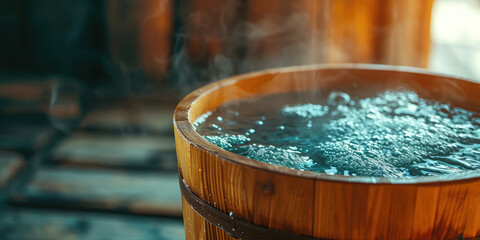 Traditional Wooden Sauna Bucket closeup, copy space. Detail of a wooden bucket filled with water in a rustic sauna atmosphere. - obrazy, fototapety, plakaty