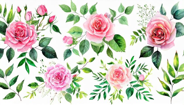 set watercolor arrangements with garden roses collection pink flowers leaves branches botanic illustration isolated on white background