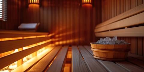 Obraz premium Warm empty Wooden Sauna Interior with wooden bucket. Detail of a sauna's wooden benches and wall, illuminated by soft light, with a shallow depth of field.