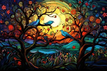  a painting of two blue birds sitting on a tree branch in front of a full moon with swirls and swirls.