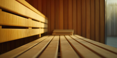 Simple Warm empty Wooden Sauna Interior. Detail of a sauna's wooden benches and wall, illuminated by soft light, with a shallow depth of field.