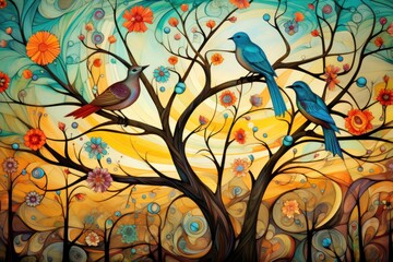  a painting of two blue birds perched on a tree branch with flowers and swirls around the branches and a sun in the background.