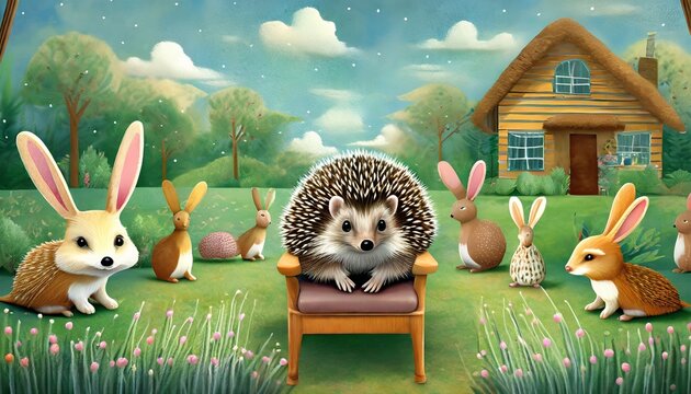 hedgehog on a chair surrounded by hares animals in a clearing near a house in the forest children s photo wallpaper in the interior