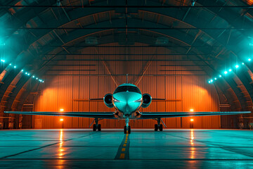 Airplane hangar, teal and orange color palette, neon lights 