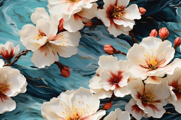  a group of white and red flowers floating on top of a body of water with ripples in the water.