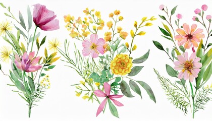 Fototapeta na wymiar set watercolor arrangements with garden flowers bouquets with pink yellow wildflowers leaves branches botanic illustration isolated on white background