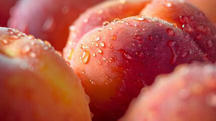 Beautiful juicy peaches with water drops on a peach background