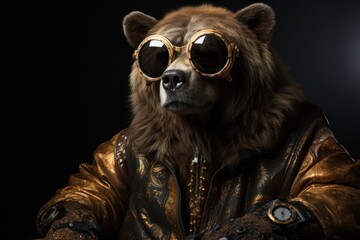  a close up of a bear wearing a leather jacket and goggles with goggles on it's face.