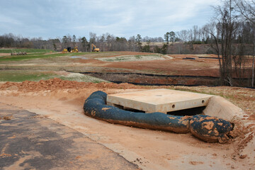 Storm drain surrounded by a filter sock to prevent erosion runoff in new subdivision
