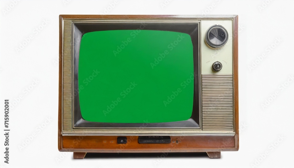 Wall mural old vintage 1970s tv with green screen for adding video isolated on white background vintage tvs 1960s 1970s 1980s 1990s 2000s