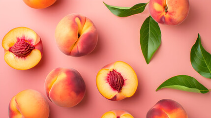 Beautiful juicy peaches on a peach background top view - obrazy, fototapety, plakaty