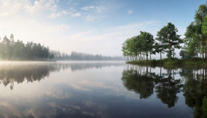 Fototapeta na wymiar trees reflection at lake foggy morning