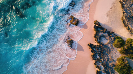top view from drone: beautiful pink beach waves of sea water hitting the sand of a wild beach in the midday sun. Atmospheric ocean landscape