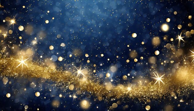abstract background with dark blue and gold particle new year christmas background with gold stars and sparkling christmas golden light shine particles bokeh on navy background gold foil texture