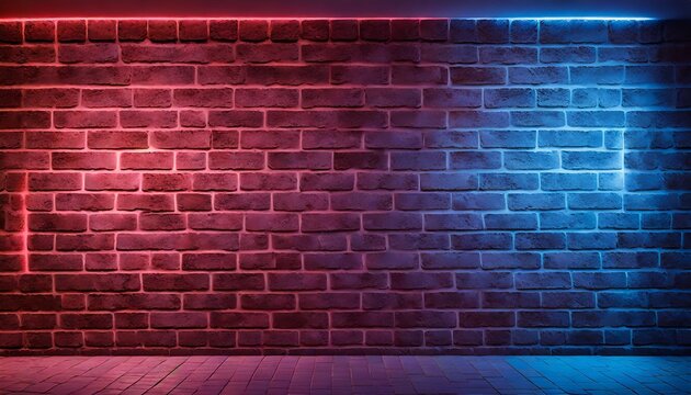 texture of not plastered brick walls with neon lights lighting effect red and blue neon background