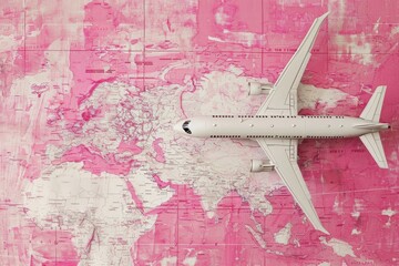 Fototapeta na wymiar a pink world map with an airplane on it, in the style of pop inspo, soft pink and pink