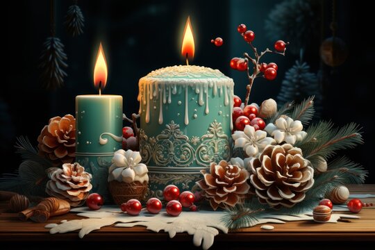  a painting of a christmas cake surrounded by pine cones, berries, and pine cones with a lit candle in the middle.
