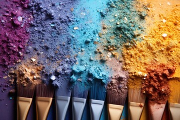  a row of paint brushes with different colors of paint on the side of the brushes and the colors of the paint on the wall.