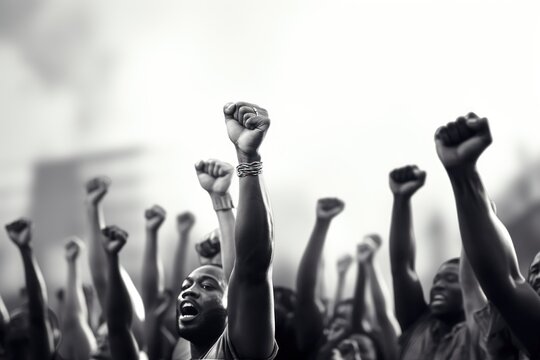  a black and white photo of a crowd of people raising their hands in the air with their hands in the air.