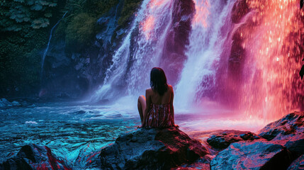 Fototapeta premium woman rear view sitting and meditating on a stone against the backdrop of a waterfall with neon lighting, atmospheric dreamy landscape