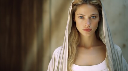 Naklejka premium Photorealistic Adult White Woman with Blond Straight Hair retro Illustration. Portrait of a person in ancient aesthetics. Historic movie style Ai Generated Horizontal Illustration.