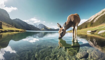 young deer drinks water in a mountain lake - obrazy, fototapety, plakaty
