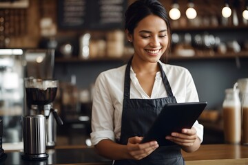 Happy woman, tablet and portrait of barista at cafe for order, inventory or checking stock in management. Female person, waitress or employee on technology small business at coffee shop restaurant 