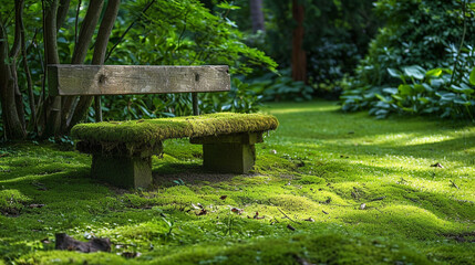 A peaceful moss-covered glade with a rustic wooden bench, inviting contemplation and relaxation in a serene natural setting. The verdant moss transforms the scene into a tranquil h