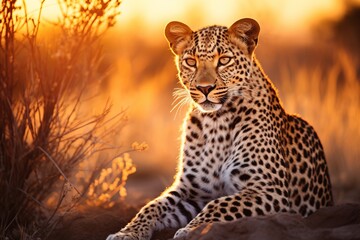Leopard blending into the golden african savannah as the sun sets in the distance