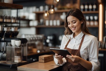 Happy woman, tablet and portrait of barista at cafe for order, inventory or checking stock in management. Female person, waitress or employee on technology small business at coffee shop restaurant