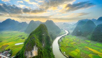 aerial view of dawn on mountain at ngoc con ward trung khanh town cao bang province vietnam with river nature green rice fields near ban gioc waterfall - obrazy, fototapety, plakaty