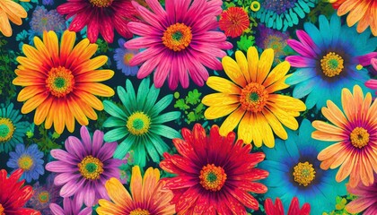 Fototapeta na wymiar flower power hippie multicoloured daisy psychedelic backgroundillustration