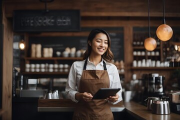 Happy woman, tablet and portrait of barista at cafe for order, inventory or checking stock in management. Female person, waitress or employee on technology small business at coffee shop restaurant  - Powered by Adobe