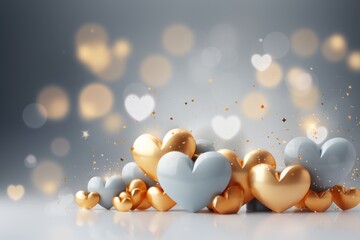 a group of gold and silver hearts on a gray background with a boke of gold and silver hearts on the left side of the image. - obrazy, fototapety, plakaty
