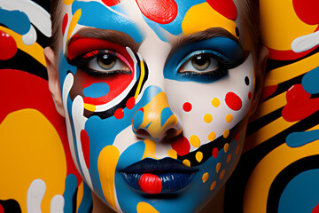 Woman portrait, close up Craft an abstract and avant-garde composition featuring a woman with a face painted in bold, abstract patterns.