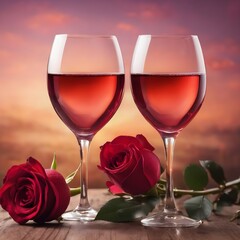 Two elegant wine glasses and rose heart background valentine's day holiday background