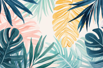 Fototapeta na wymiar Tropical pattern with colorful palm leaves in watercolor style.