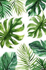 Tropical pattern with green palm leaves in watercolor style.