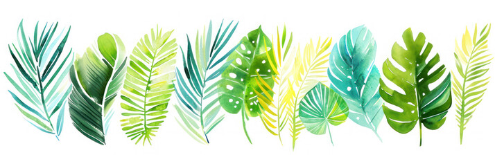 Tropical pattern with colorful palm leaves in watercolor style.