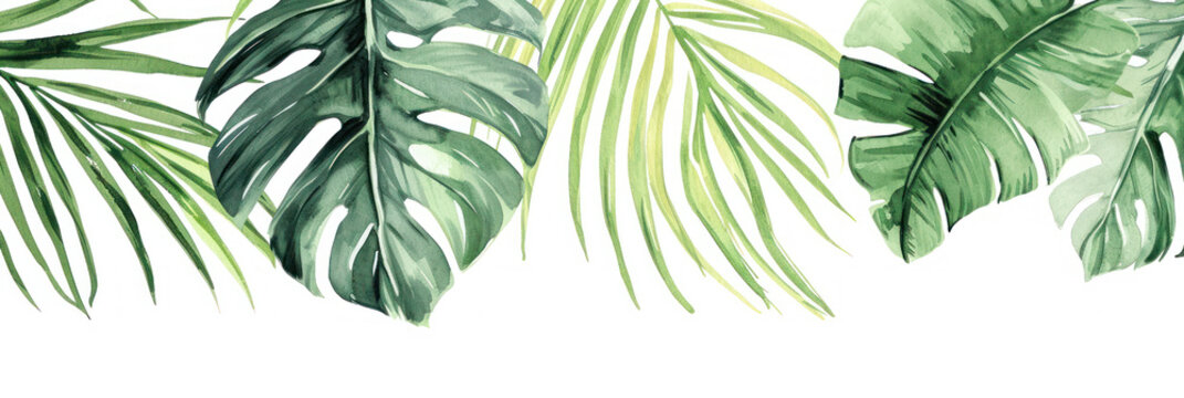 Tropical pattern with green palm leaves in watercolor style.
