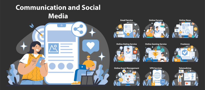 Communication and Social Media night or dark mode set. Diverse internet services and digital interaction. Engaging in online communities, sharing information. Flat vector illustration.