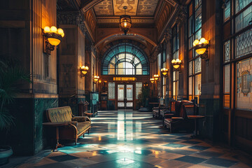 Interior of a vintage train terminal central station