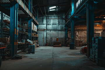 Interior photo of a grunge dirty abandoned warehouse  - obrazy, fototapety, plakaty
