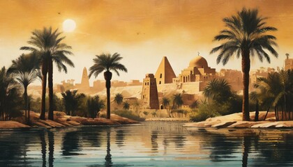 Fototapeta na wymiar Illustrated fantasy egypt on the nile river