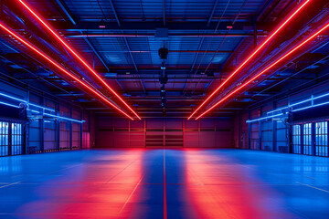 Interior photo of an airplane hangar, blue and red color palette, neon lights