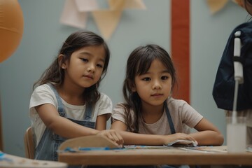 Portrait of little children doing art project in school
