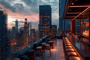 Rooftop bar at dusk, overlooking a bustling city with other skyscrapers - obrazy, fototapety, plakaty